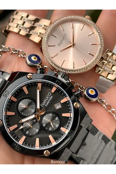 Ferrucci Brand Silver Rose Color Steel Cord, Dear Couple Wristwatches + Rosary Bracelet