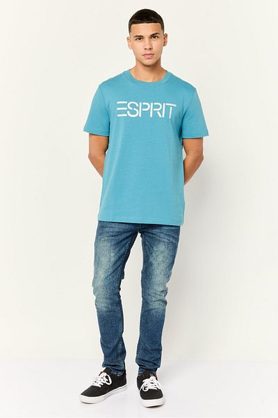 Esprit Men Crew Neck Short Sleeve Brand Logo T-Shirt, Teal Blue