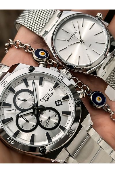 Ferrucci Lover, Couple, Silver Cord Steel Cord Wristwatches Rosary Bracelet