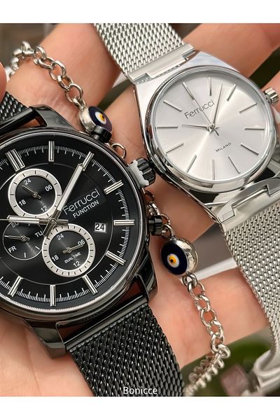 Ferrucci Silver Black Color Steel Cord Dear, Couple Wristwatches Rosary Bracelet