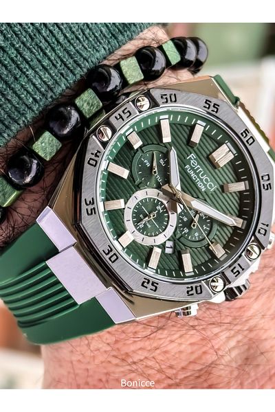 Ferrucci Men's Wristwatch Bracelet with Functions Active Green Dial, Silicone Cord, Guarantee, with Calendar