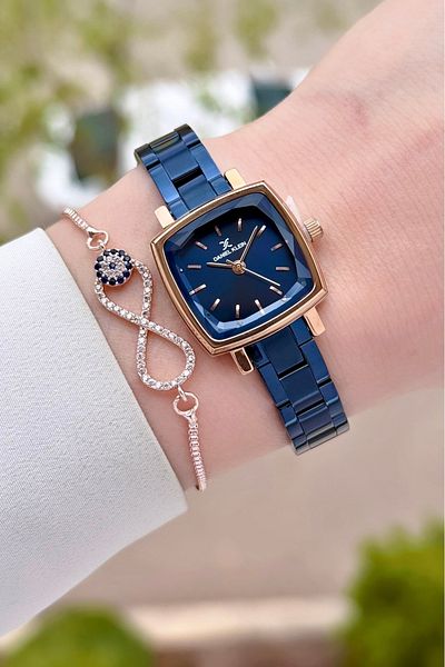 Daniel Klein Rose Navy Blue Color Adjustable Cord Women's Wristwatch and Bracelet