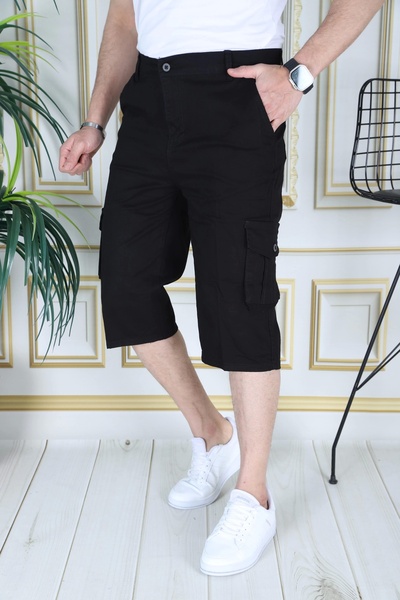 PHANTOM JEANS Siyah Erkek Slim Fit Kapri Likralı Gabardin Diz Altı Kargo Cepli Bermuda