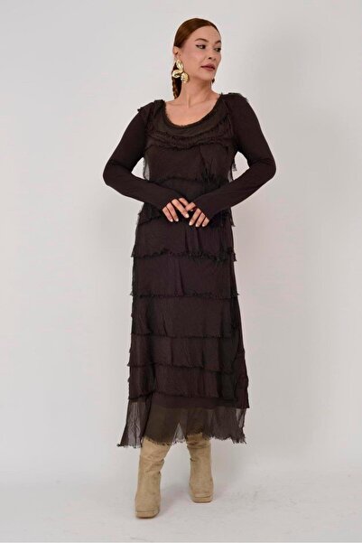 Bohem Stil Italyan 2 beden İnce Gösteren Kat Kat Uzun Kol Taşlanmış İpek Elbise