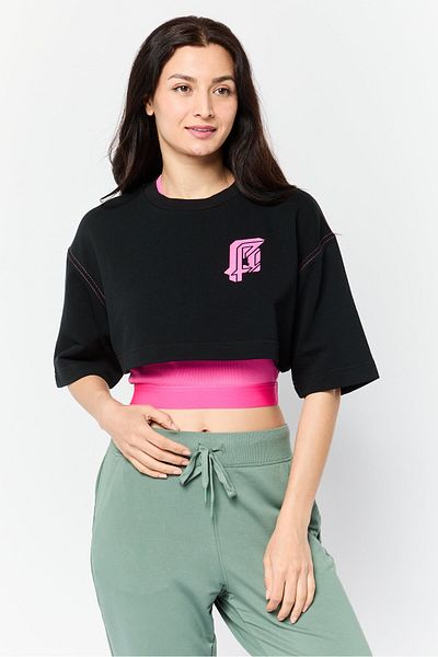 Esprit Women 2 In 1 Crew Neck Graphic Print Crop Top Set, Black/pink
