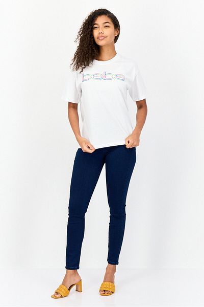 Bebe Women Crew Neck Short Sleeves Embroidered Logo T-Shirt, White