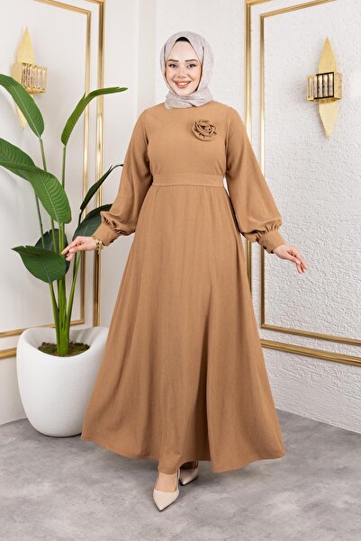 Moda Ebva Gül Detaylı Tesettür Elbise-5028 Vizon