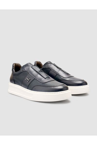 Cabani 100% Genuine Leather Navy Blue Men's Sneakers
