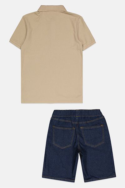 Chaps Kids Boy 2 Pcs Embroidered Logo Polo Shirt And Short Set, Tan/navy