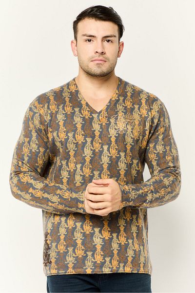 Christian Audigier Men V Neck Embroidered Sweater, Multicolor
