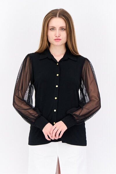 Notations Women Spread Collar Long Sleeves Plain Blouse, Black