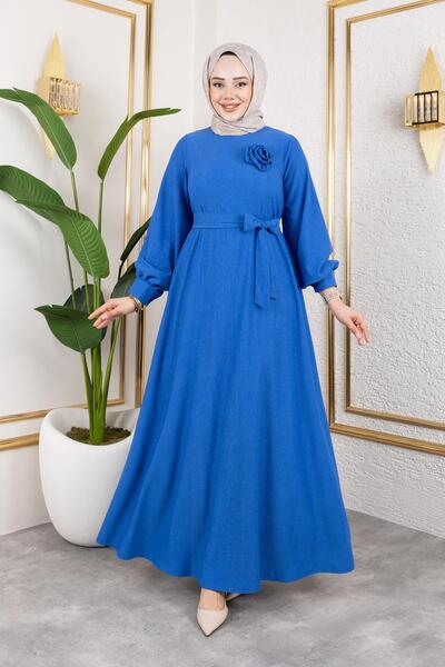 Moda Ebva Gül Detaylı Tesettür Elbise-5028 Saks mavisi