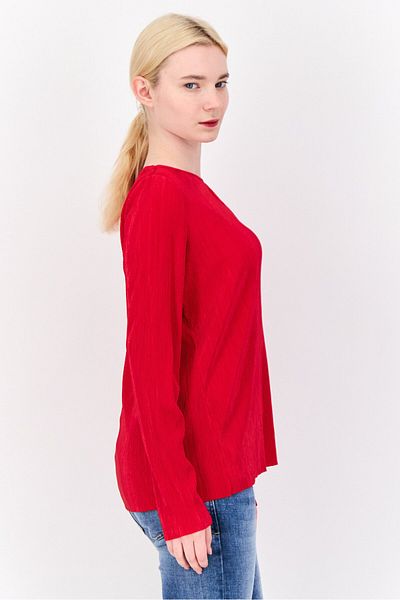 CYRUS Women Key Hole Neck Long Sleeve Textured Blouse, Red