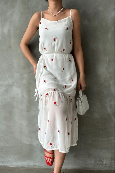 Betimoda Floral Midi Φόρεμα - Λευκό με λουράκι, φόδρα και ζώνη