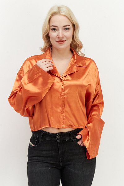BOOHOO Women Notched Collar Long Sleeves Plain Blouse, Orange