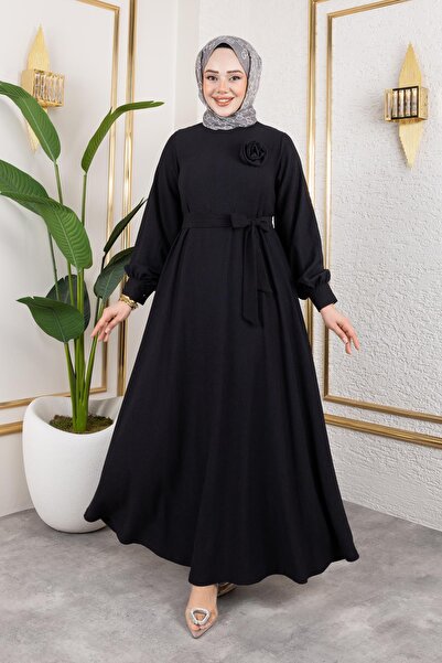 Moda Ebva Gül Detaylı Tesettür Elbise-5028 Siyah