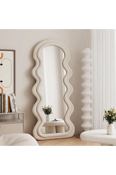 Generic Full-Length Mirror Floor Metal Mirror with Wooden Style 160x60cm Biege