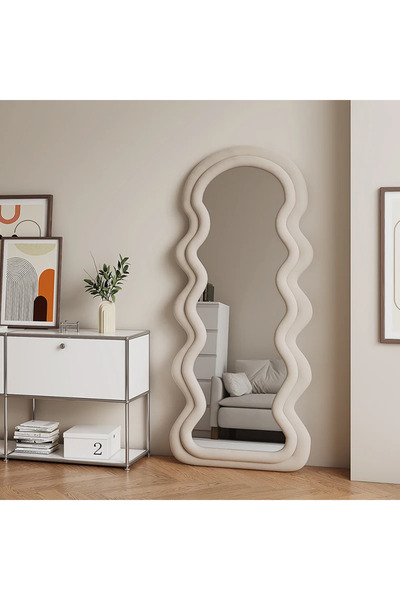 Generic مرآة أرضية معدنية كاملة الطول بتصميم خشبي 160×60 سم، لون بيج