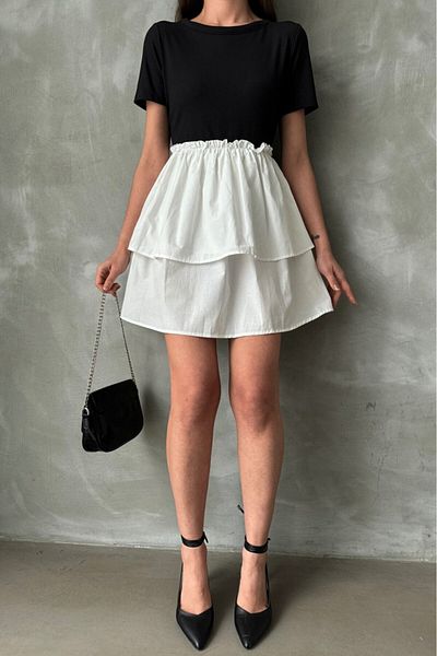 Betimoda Black Ecru Mini Balloon Dress - Short Sleeve Poplin