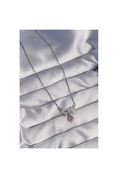 Skygo 316l Steel Silver Color Bowknot Detail Drop Necklace with Pink Zircon Stone - Tj-bko8921