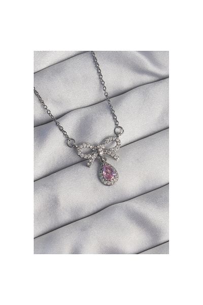 Skygo 316l Steel Silver Color Bowknot Detail Drop Necklace with Pink Zircon Stone - Tj-bko8921