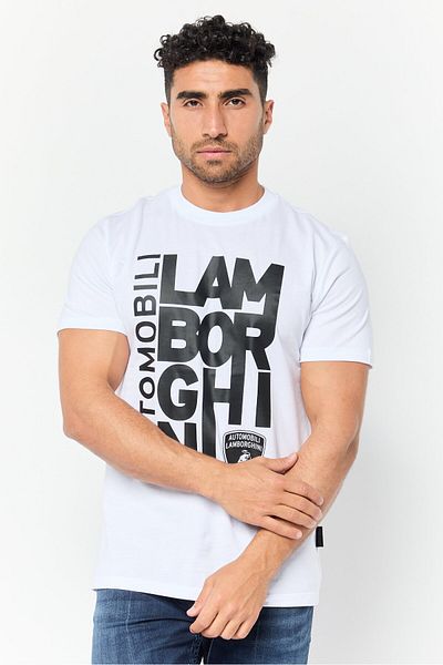 Lamborghini Men Crew Neck Short Sleeves Brand Logo T-shirt, White