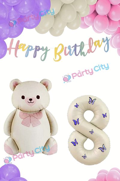 Party City Σετ γιορτής γενεθλίων με θέμα το μπαλόνι Big Bear με παπιγιόν 8 ετών - Μπαλόνι με φύλλο κρέμας με πεταλούδα