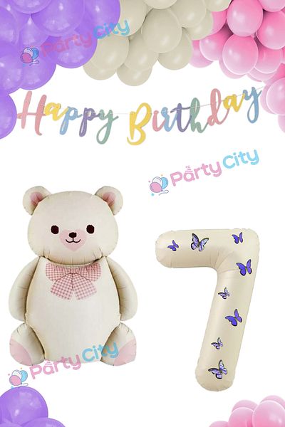 Party City Σετ γιορτής γενεθλίων με θέμα το μπαλόνι Big Bear με παπιγιόν 7 ετών - Μπαλόνι με φύλλο κρέμας με πεταλούδα