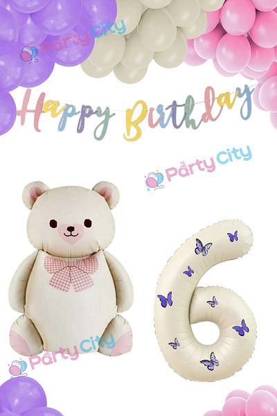 Party City Σετ γιορτής γενεθλίων με θέμα το μπαλόνι Big Bear με παπιγιόν 6 ετών - Μπαλόνι με φύλλο κρέμας με πεταλούδα