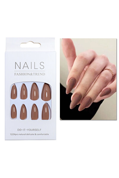 Choice 717 24 قطعة/مجموعة أظافر صناعية بنية بيضاء عارية لموسم الخريف والشتاء أطراف لوزية فرنسية