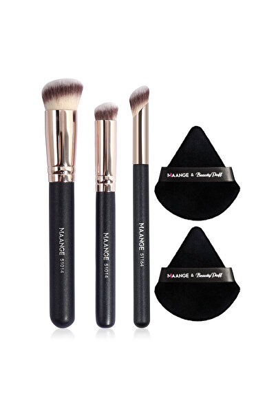 Choice مجموعة فرش مكياج من بلاك جولد مانج، 3 قطع + 2 قطعة من إسفنجة البودرة المثلثة، خافي عيوب، ظلال عيون، مكياج