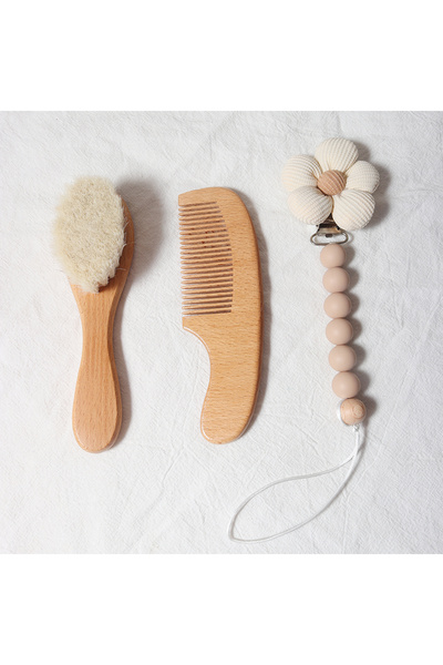 Choice مجموعة فرشاة مشط الطفل باللون الأسود، مجموعة هدايا حديثي الولادة، صوف طبيعي، خشب الزان، مشط خشبي، مريلة الطفل، مشبك اللهاية