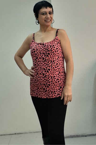 Mertcan Butik Coral Black Patterned Rope Strap Combed Viscose T-Shirt