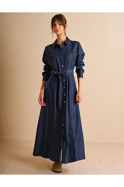 Kayra Πουκάμισο με γιακά με ζώνη Lyocell Φόρεμα Navy Blue