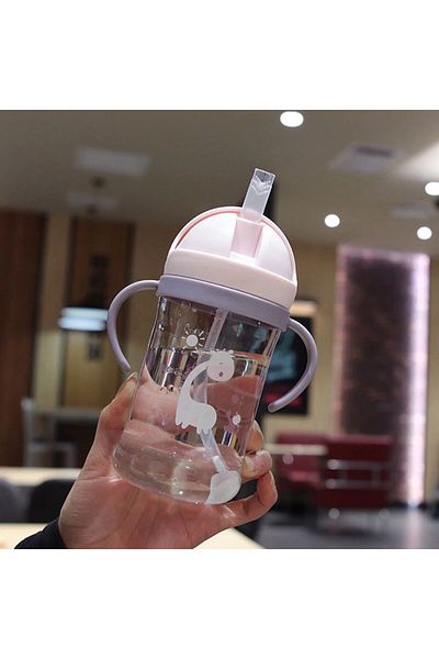 Choice Pink 350ml Kids Drinking Cup Feeding Bottle With Straw Gravity Ball Wide Caliber Bottle