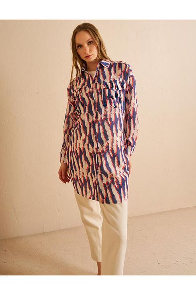 KYR Navy Blue Abstract Pattern Shirt Collar Tunic