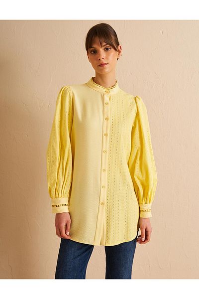 Kayra Yellow Broke Garnished Cotton Tunic