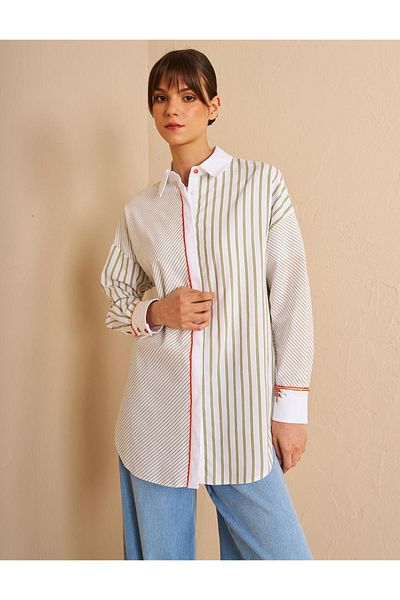 Kayra Shirt, Collar Tunic and Khaki Stripe Stone Detailed