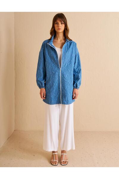 Kayra Yakası Büzgülü Denim Efektli Tunik İndigo