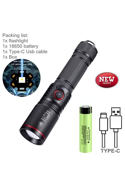 JONCELY 18650 Battery 20w Zoom White Laser Led Flashlight High Power Type C Rechargeable Torch Camping Outdo