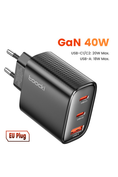 Choice شاحن توكي الأسود من توكي بقوة 40 واط، شاحن هاتف بتقنية GaN، شاحن سريع ...