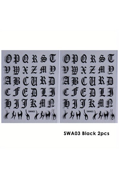 Choice SWA03 أسود قطعتان من ملصقات الأظافر بتصميم حرف قوطي باللونين الأسود وا...