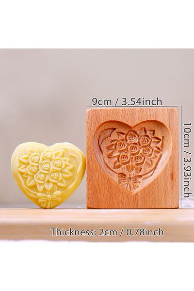 Choice Heart-shaped 1PC Wood Cookie Molds with Heart & Flower Patterns, 3D DIY Carved Embossed Cookie Cutte