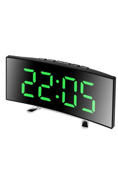 Choice Green Creative Curved Electronic Clock LED Large Screen Mirror Alarm Clock Students Silent Multifunc