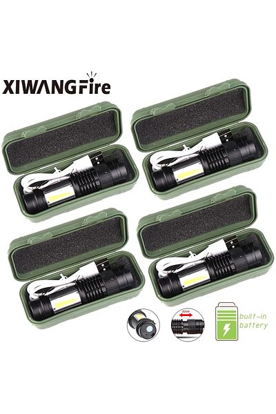 XIWANGFIRE 4PCS With Box Mini Portable 2000 Lumens Led Flashlight Built In Battery Torch COB Variable Focus Wat