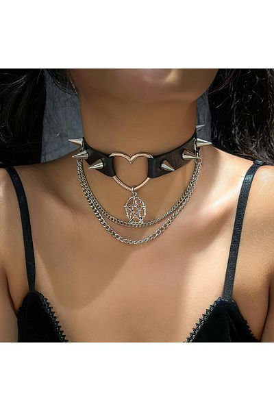 Choice Black Salircon Fashion Harajuku Black PU Leather Choker Necklace Women's Punk Gothic Spike Rivet Nec