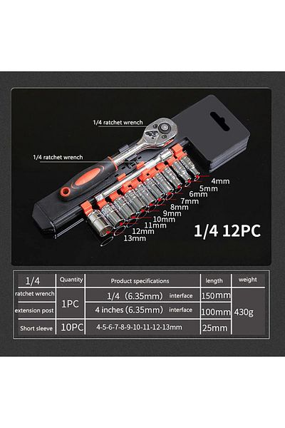 OLOEY 12pcs-1-4 1/4'' 3/8'' 1/2'' Socket Wrench Set Extension Rod Multi-function Ratchet Spanner Set Car