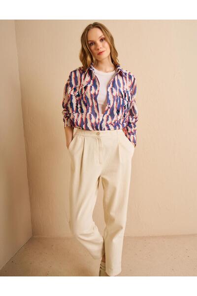 KYR Navy Blue Abstract Pattern Shirt Collar Tunic