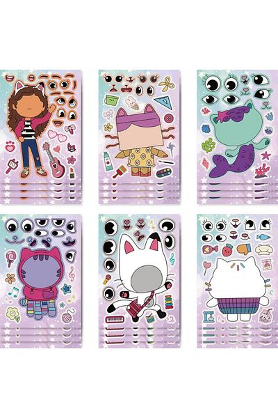 Miniso 6Sheets 6/12Sheets Gabby's Dollhouse Make A Face Puzzle Stickers Kids Make Your Own DIY Game Childre