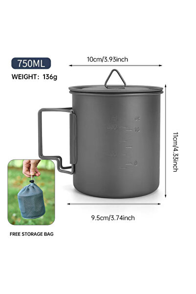 Choice كوب تخييم من التيتانيوم الخالص سعة 750 مل، سهل الطي، محمول، بمقبض مقاو...